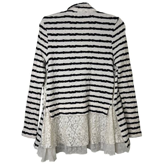 Md Anthropologie Striped Cardigan Black Cream Chiffon Lace Boho Romantic Preppy - Picture 1 of 8